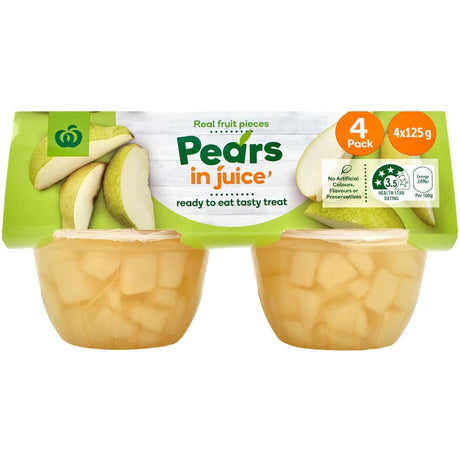 Woolworths Fruit Snack Pears in Juice, featuring real pear slices in juice, perfect for a healthy and tasty on-the-go treat.