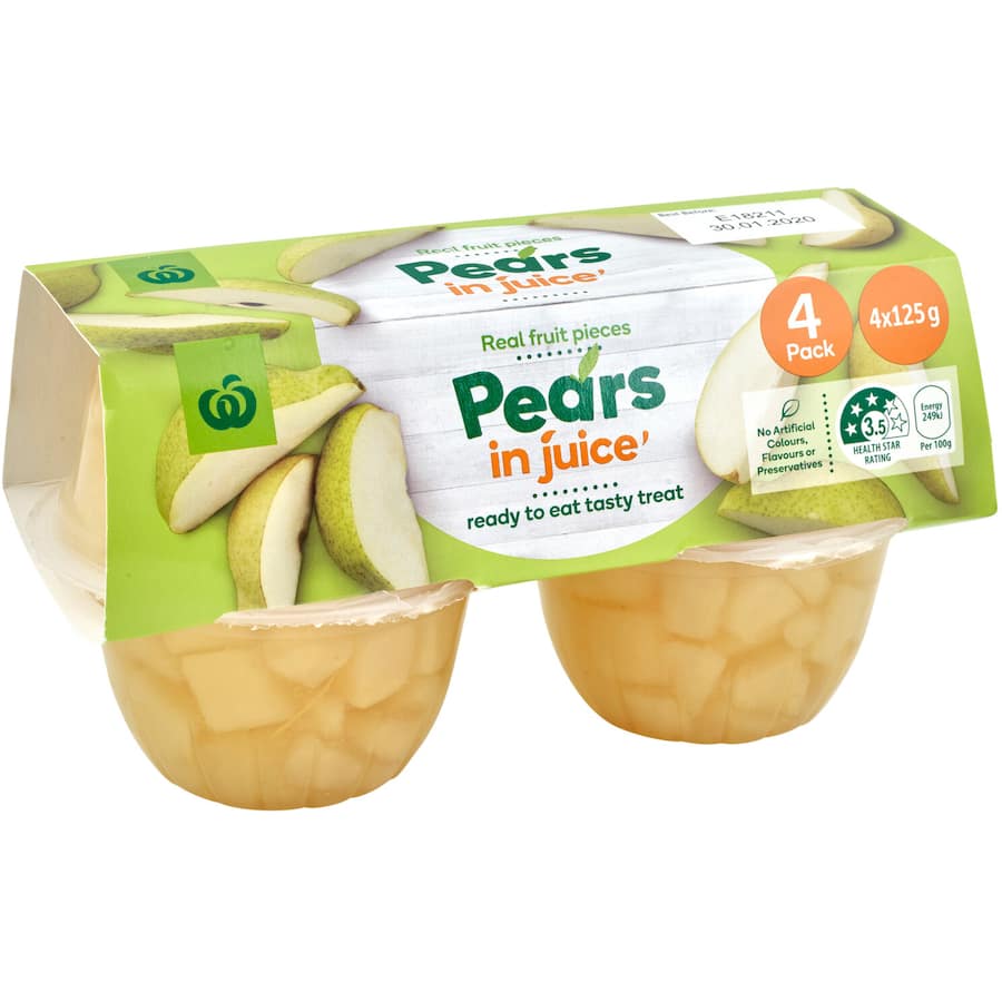 Woolworths Fruit Snack Pears in juice, featuring real pear slices in convenient cups, perfect for healthy on-the-go snacking.