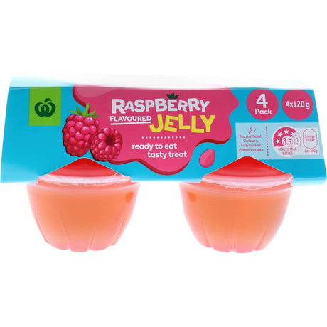 Woolworths Raspberry Jelly 4pk: fruity, smooth, guilt-free treat in ready-to-eat pottles, perfect for desserts or snacks.