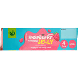 Woolworths Raspberry Jelly pottles, 4pk, featuring smooth texture and natural fruit flavor, perfect for quick snacks or desserts.