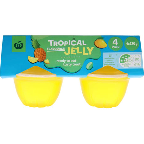 Woolworths Jelly Tropical Flavoured cups showcase vibrant mango and pineapple flavors in a convenient 4-pack for a tasty treat.