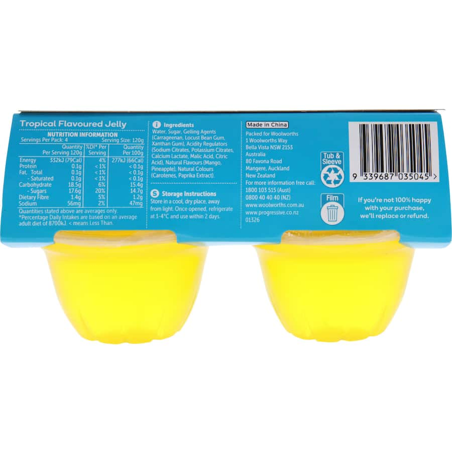 Woolworths Jelly Tropical Flavoured 4pk showcases vibrant mango and pineapple flavors in ready-to-eat, natural pottles.