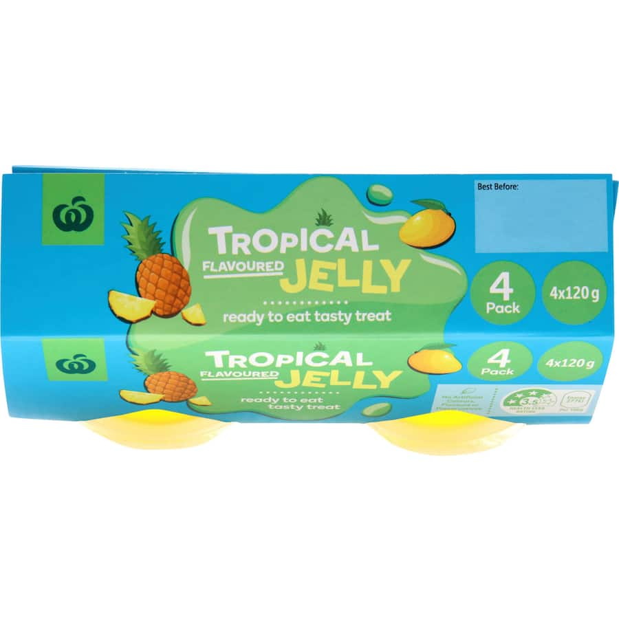 Woolworths Tropical Flavoured Jelly cups, featuring vibrant mango and pineapple flavors, perfect for a sweet, convenient treat.