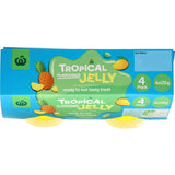 Woolworths Tropical Flavoured Jelly cups, featuring vibrant mango and pineapple flavors, perfect for a sweet, convenient treat.