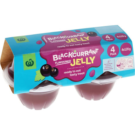 Delicious Woolworths Blackcurrant Jelly 4-pack, smooth texture, made with natural flavors, perfect for snacks or desserts.