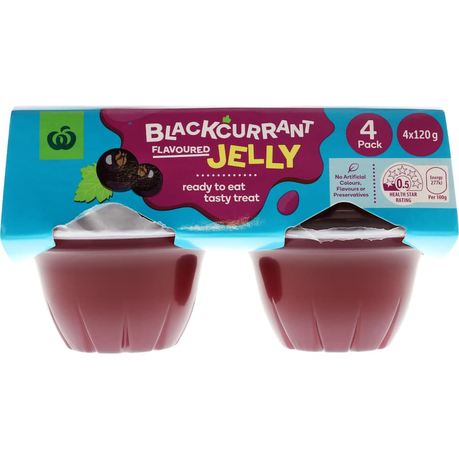 Woolworths Jelly Blackcurrant Flavoured 4-pack with smooth texture, natural flavor, and no artificial ingredients, perfect for desserts.