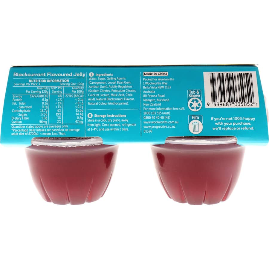 Woolworths Jelly Blackcurrant Flavoured 4pk: four smooth, ready-to-eat jelly pots made with natural blackcurrant flavor.