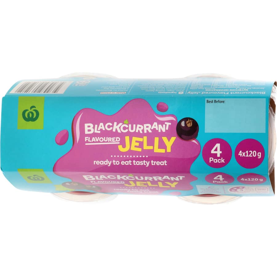 Woolworths Jelly Blackcurrant Flavoured 4pk, featuring smooth, fruity jelly pots for quick desserts or snacks.