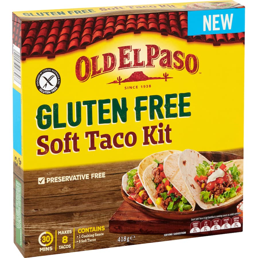 Old El Paso Gluten Free Soft Taco Kit with soft corn tortillas, seasoning mix, and customizable toppings for taco night.