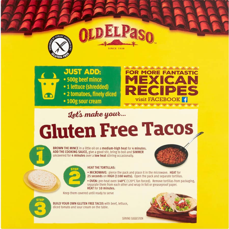 Old El Paso Gluten Free Soft Taco Kit with corn tortillas, seasoning, and topping suggestions for a delicious taco night.