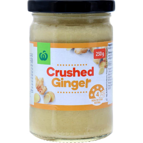 Woolworths Crushed Ginger in a jar, offering pre-crushed ginger for easy cooking and enhancing flavors in various dishes.