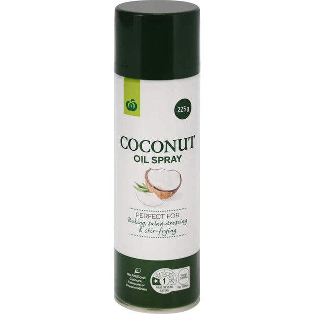 Woolworths Coconut Oil Spray: 100% pure coconut oil in a convenient spray for healthy cooking, baking, and frying.