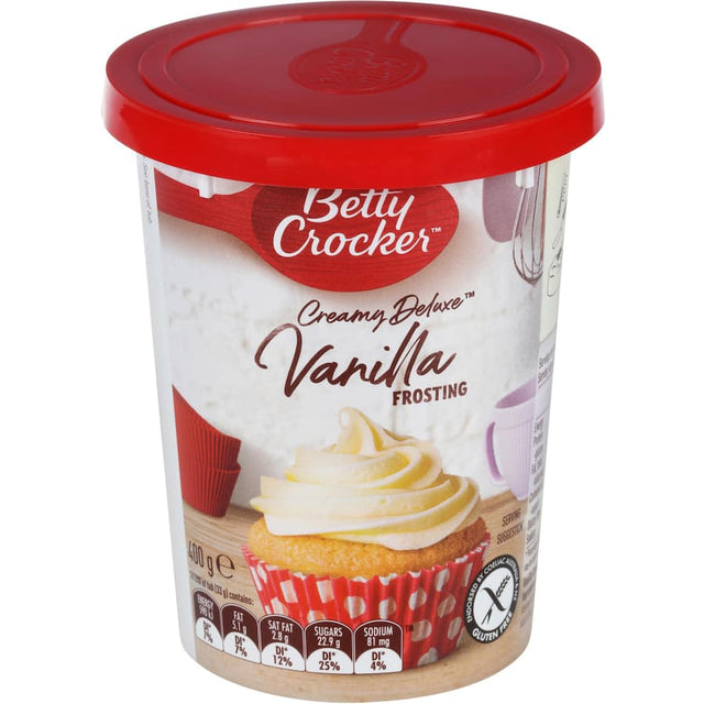 Betty Crocker Icing Vanilla in a tub, smooth, creamy topping for cakes, cupcakes, and cookies with rich vanilla flavor.