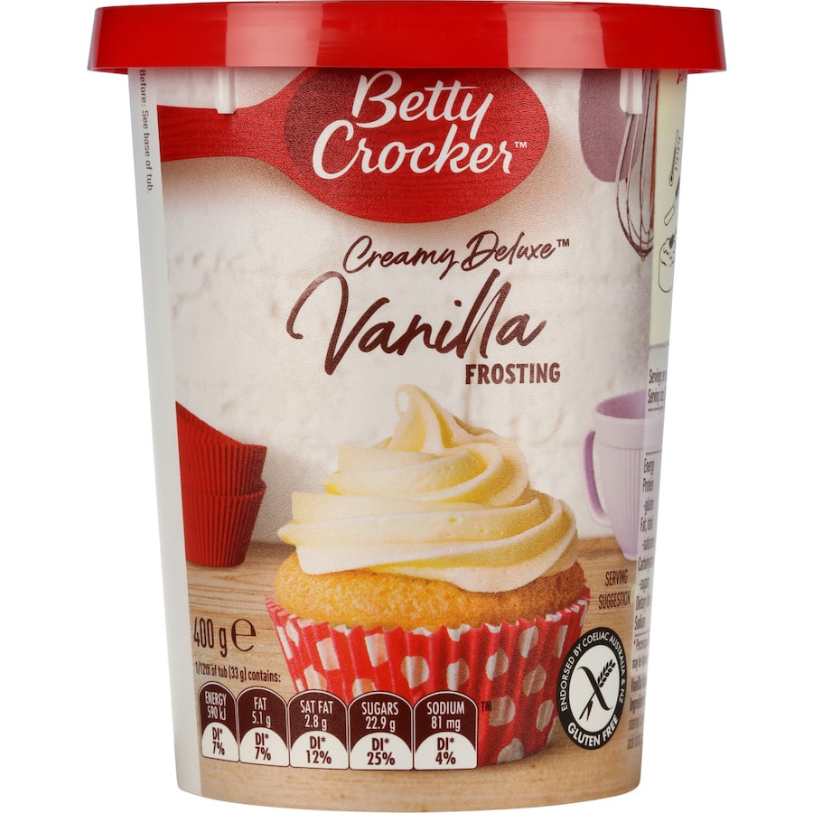 Smooth and creamy Betty Crocker Vanilla Icing, perfect for decorating cakes, cupcakes, and cookies with delightful flavor.