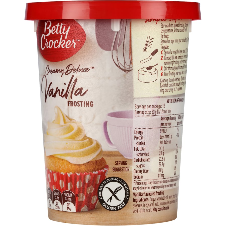 Betty Crocker Icing Vanilla, a smooth and creamy topping perfect for cakes, cupcakes, and cookies, enhancing your baking.