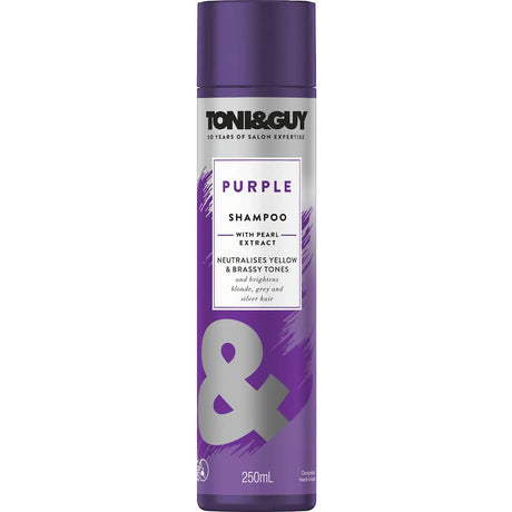 Toni & Guy Purple Shampoo: Violet dye combats brassy tones, enhances shine, and nourishes blonde, silver, and grey hair.