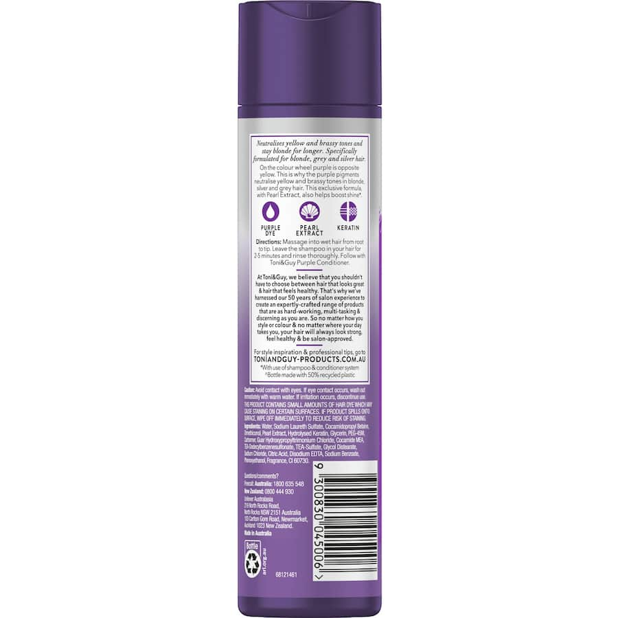 Toni & Guy Purple Shampoo neutralizes brassy tones, enhancing shine for vibrant blonde, silver, and grey hair.