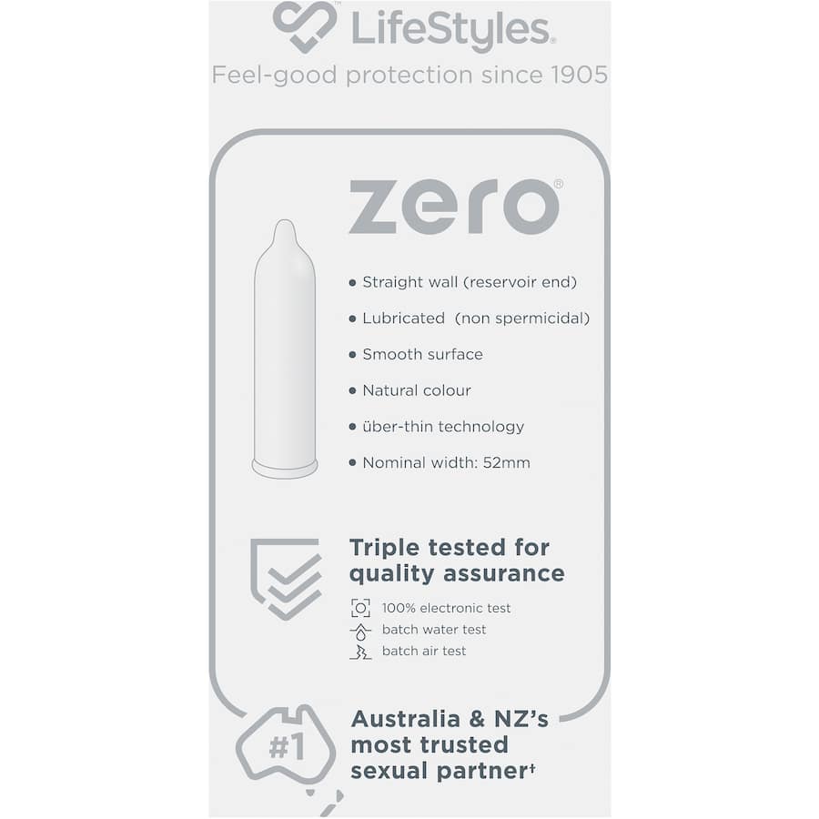 Ultra-thin Lifestyles Condoms Zero, 52mm width, smooth lubricated texture for maximum sensitivity and safety.