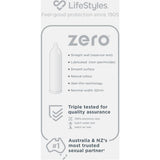 Ultra-thin Lifestyles Condoms Zero, 52mm width, smooth lubricated texture for maximum sensitivity and safety.