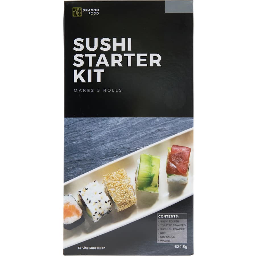Dragon Foods Asian Sushi Starter Kit includes sushi rice, nori, vinegar, and recipes for creating authentic homemade sushi.
