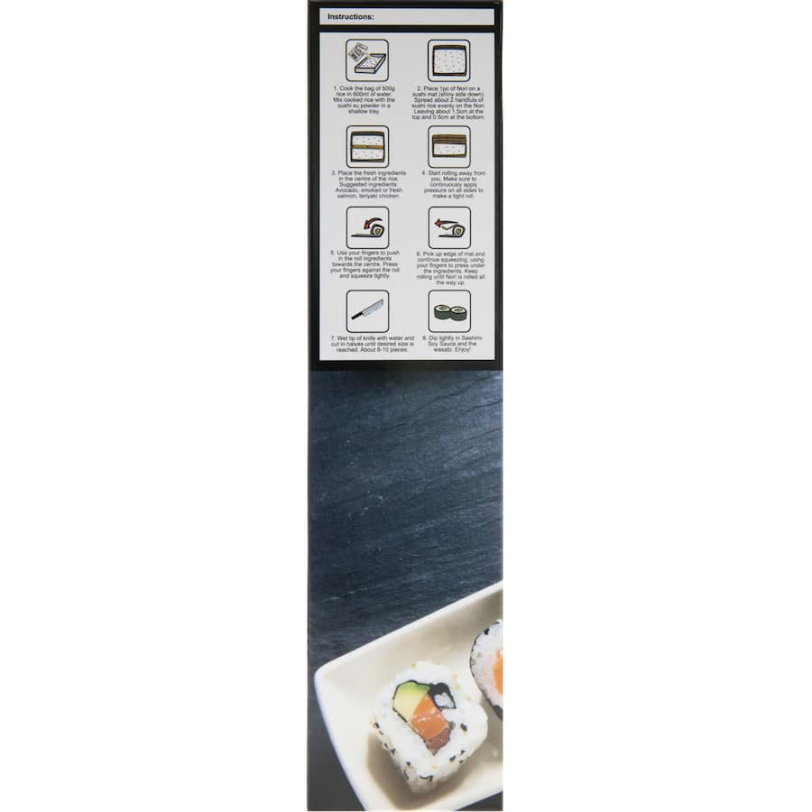 Dragon Foods Asian Sushi Starter Kit with rice, vinegar, nori, and recipe guide for making authentic sushi at home.
