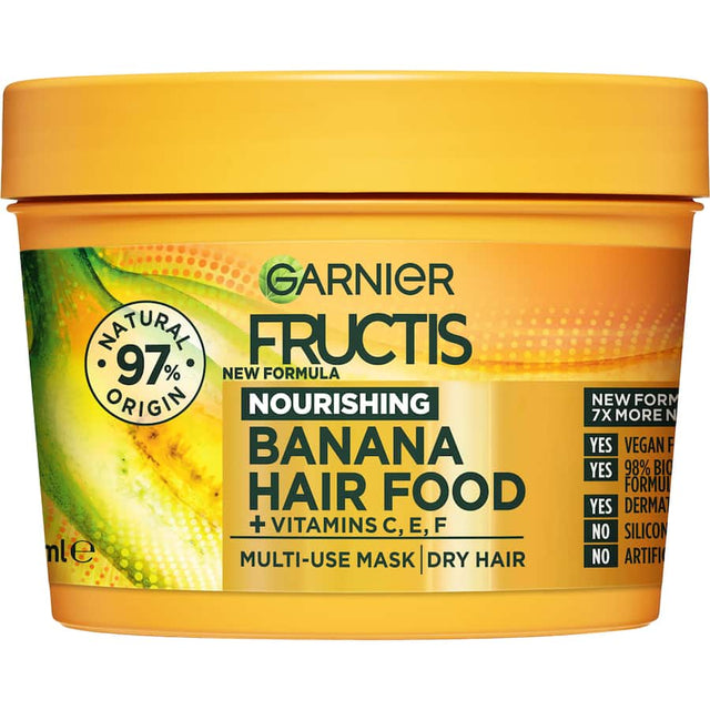 Garnier Fructis Banana Hair Food Mask: multi-use, 97% natural, vegan formula for intense shine and deep moisture in dry hair.