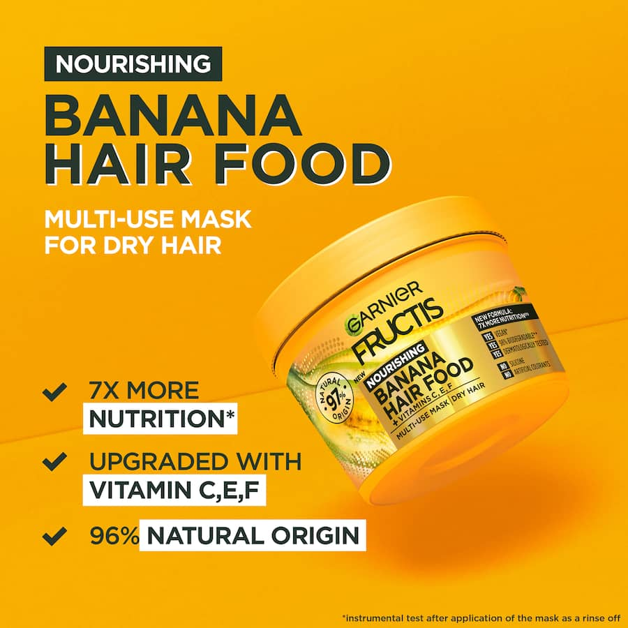 Garnier Fructis Banana Hair Food Mask, enriched with vitamins, for deep nourishment of dry, damaged hair in eco-friendly packaging.