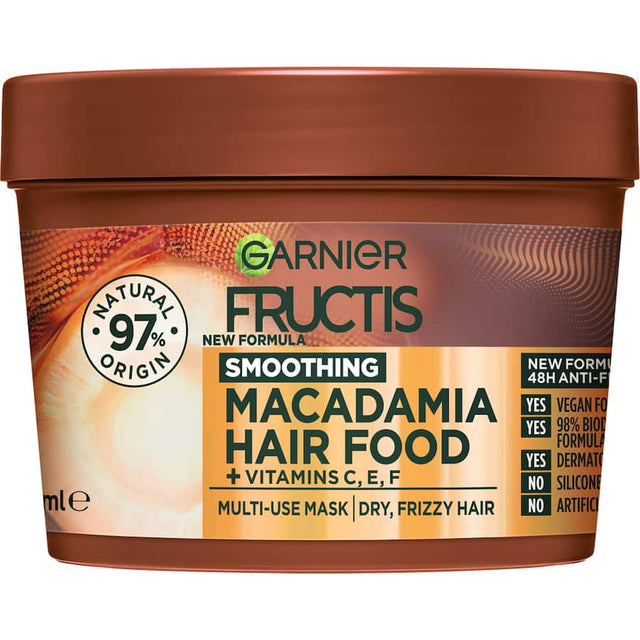 Garnier Fructis Macadamia Hair Food Mask in 350ml, vegan hair treatment for frizzy hair with 48-hour anti-frizz and natural ingredients.