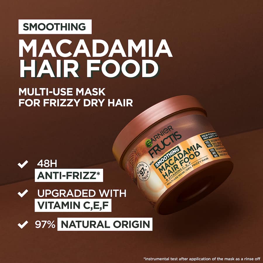 Garnier Fructis Macadamia Hair Food Mask in eco-friendly packaging nourishes frizzy hair with 97% natural ingredients.