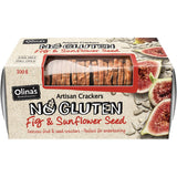 Olina's gluten-free crackers with sunflower seeds and figs, offering a crispy texture and perfect for pairing with dips and cheeses.