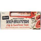 Olina's Gluten-Free Crackers featuring sunflower seeds and figs, perfect for gourmet snacks and entertaining platters.