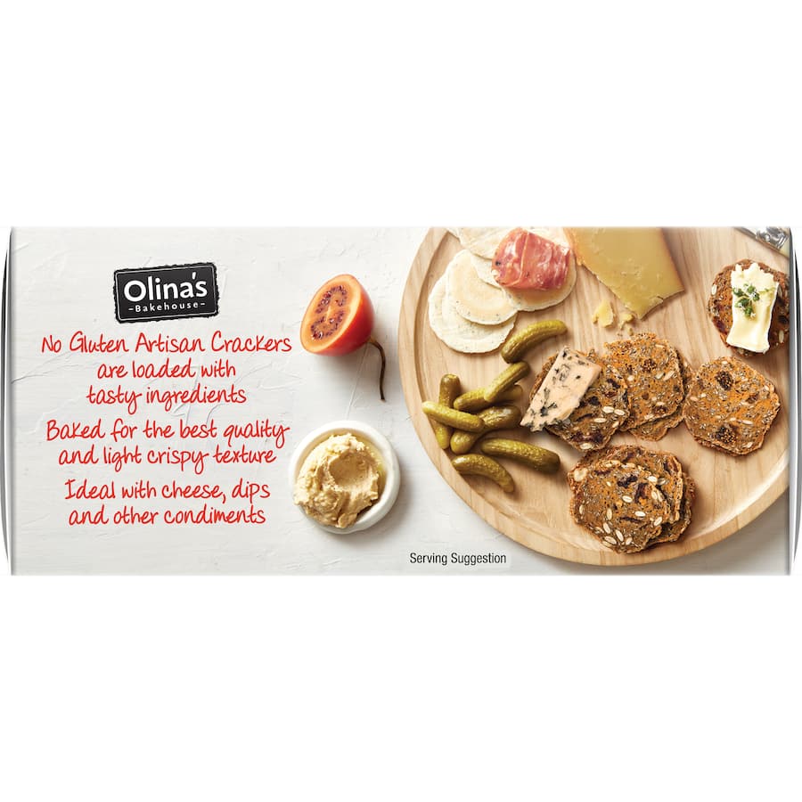 Olina's gluten-free sunflower seed and fig crackers, featuring a crispy texture and perfect for pairing with dips and cheese.