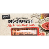 Olina's gluten-free crackers featuring sunflower seeds and figs, perfect for entertaining and gourmet snacking.