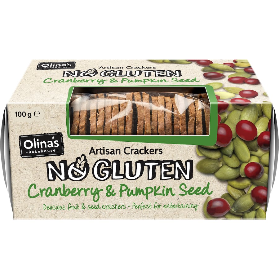 Olina's Gluten Free Crackers Cranberry Pumpkin: crispy, gluten-free snacks with sweet cranberries and nutritious pumpkin seeds.