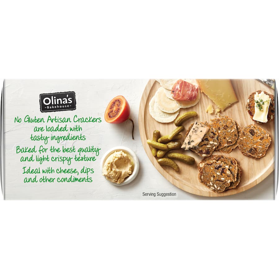 Olina's Gluten Free Crackers with cranberry and pumpkin seeds, ideal for snacking and entertaining, light and crispy texture.