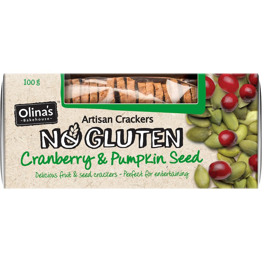 Olina's Gluten Free Crackers with cranberry and pumpkin seeds, perfect for snacks or cheese boards, crispy and guilt-free.