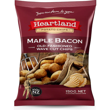 Thickly sliced, ridged potato chips with maple bacon flavor, made from premium New Zealand potatoes and all-natural oils.