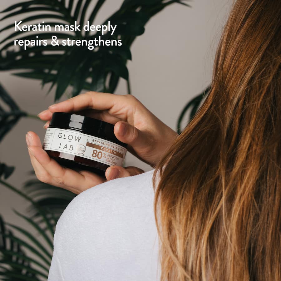 Glow Lab Hair Treatment Mask - a keratin-infused mask for revitalizing dry hair and enhancing strength, shine, and protection.