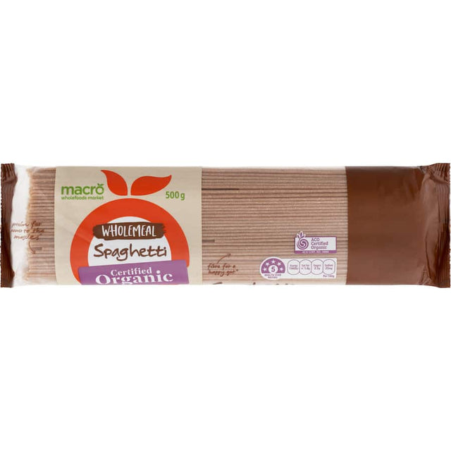 Wholemeal spaghetti made from 100% organic Italian wheat, perfect for healthy meals with rich sauces.