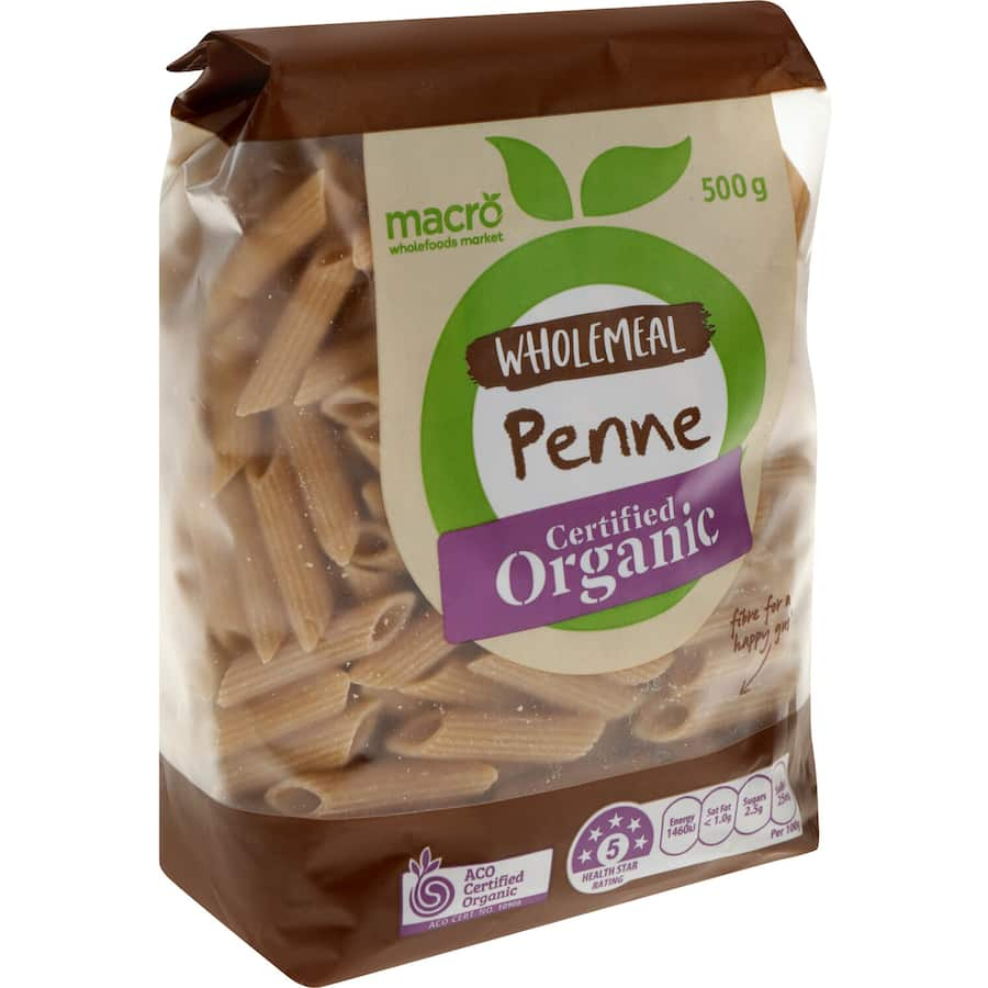 Wholemeal penne pasta made from 100% organic Italian wheat, rich in fiber and protein for healthy meals.