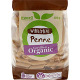 Wholemeal penne pasta made from 100% organic Italian wheat, rich in fiber and protein, perfect for healthy meals.