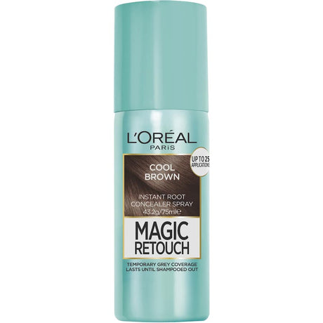 L'Oreal Magic Retouch spray in Cool Brown for quick grey root coverage, blends seamlessly and dries instantly for a flawless look.