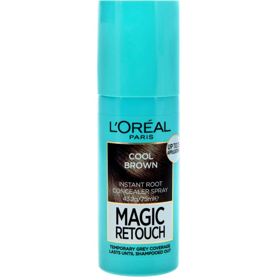 L'Oreal Paris Magic Retouch Cool Brown spray conceals grey roots quickly, blending seamlessly for a flawless finish.