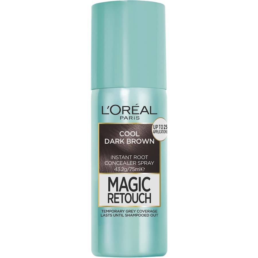 L'Oreal Paris Magic Retouch Spray in Cool Dark Brown seamlessly covers grey roots for a flawless, long-lasting look.