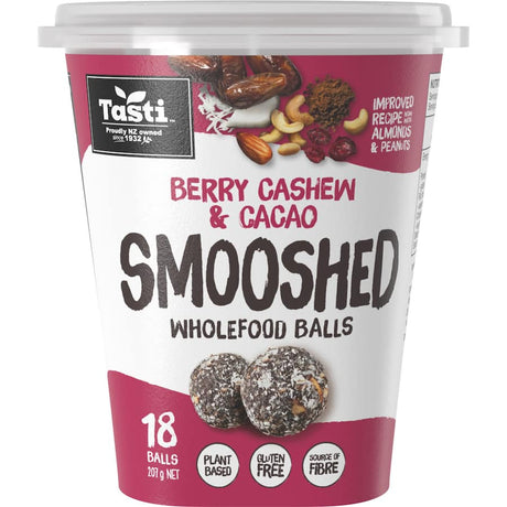 Tasti Smooshed Wholefood Snack Balls in Berry Cashew Cacao flavor, a nutritious, vegan snack packed with fiber and natural ingredients.