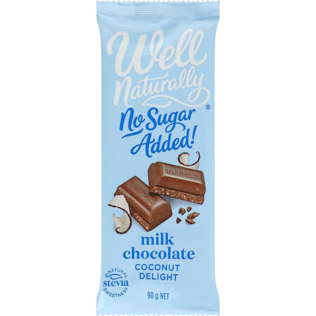 Well Naturally No Sugar Added Snack Bar with milk chocolate and toasted coconut flakes, offering a guilt-free indulgence.