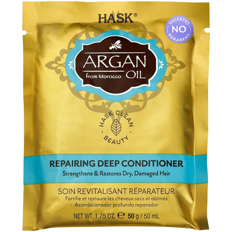 Deep conditioning treatment with argan oil to restore, hydrate, and nourish dry, damaged hair for vibrant, healthy locks.