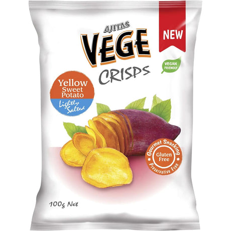 Crispy yellow sweet potato chips in a bag, offering a healthy, gluten-free, and vegan snack option.