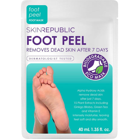 Alpha hydroxy acid foot peel booties with plant extracts for soft, smooth feet, eliminating dead skin and calluses in 7 days.