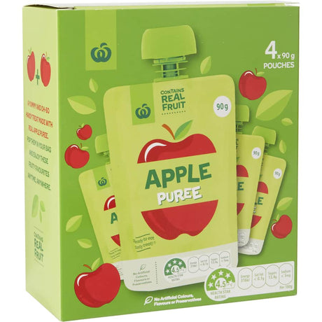 Woolworths Fruit Puree Apples pouches, made with real apples for a nutritious and convenient snack for all ages.